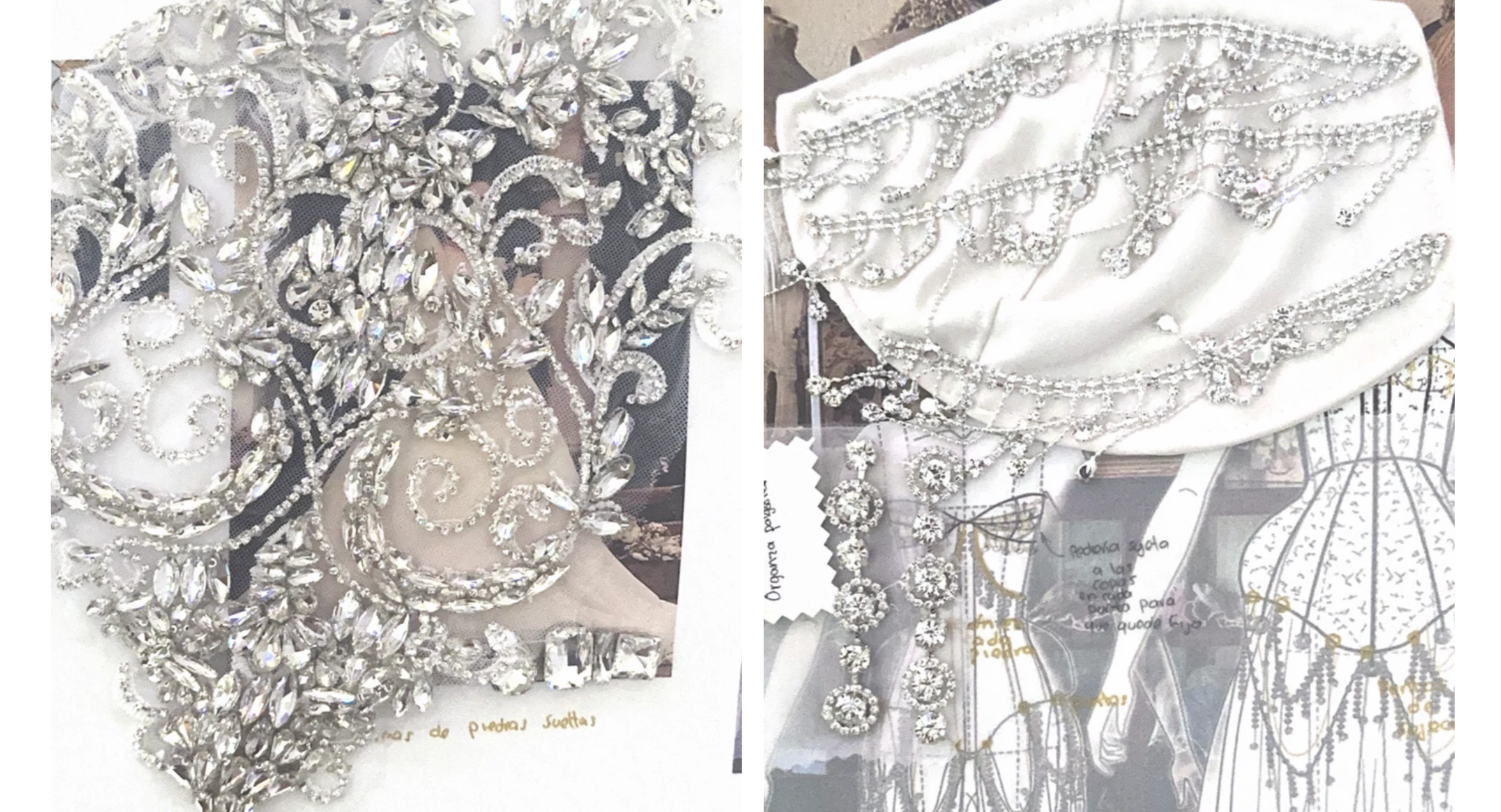 Material exploration page with embroidery, beadwork and fabric tests